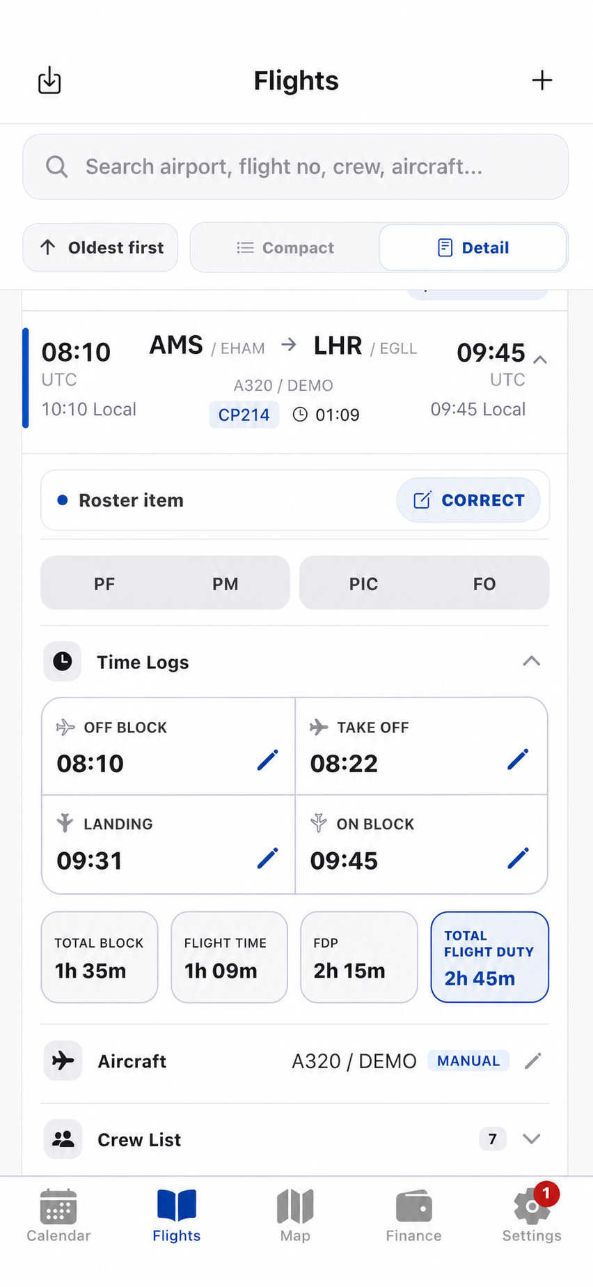 Crew Prime actual OUT OFF ON IN time logs